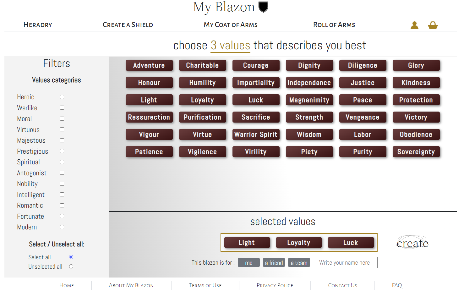 Capture d'écran du site myblazon.com, sur la selection de valeurs.