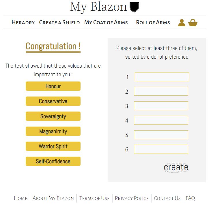 Une page de myblazon.com où l'on sélectionne ses valeurs.